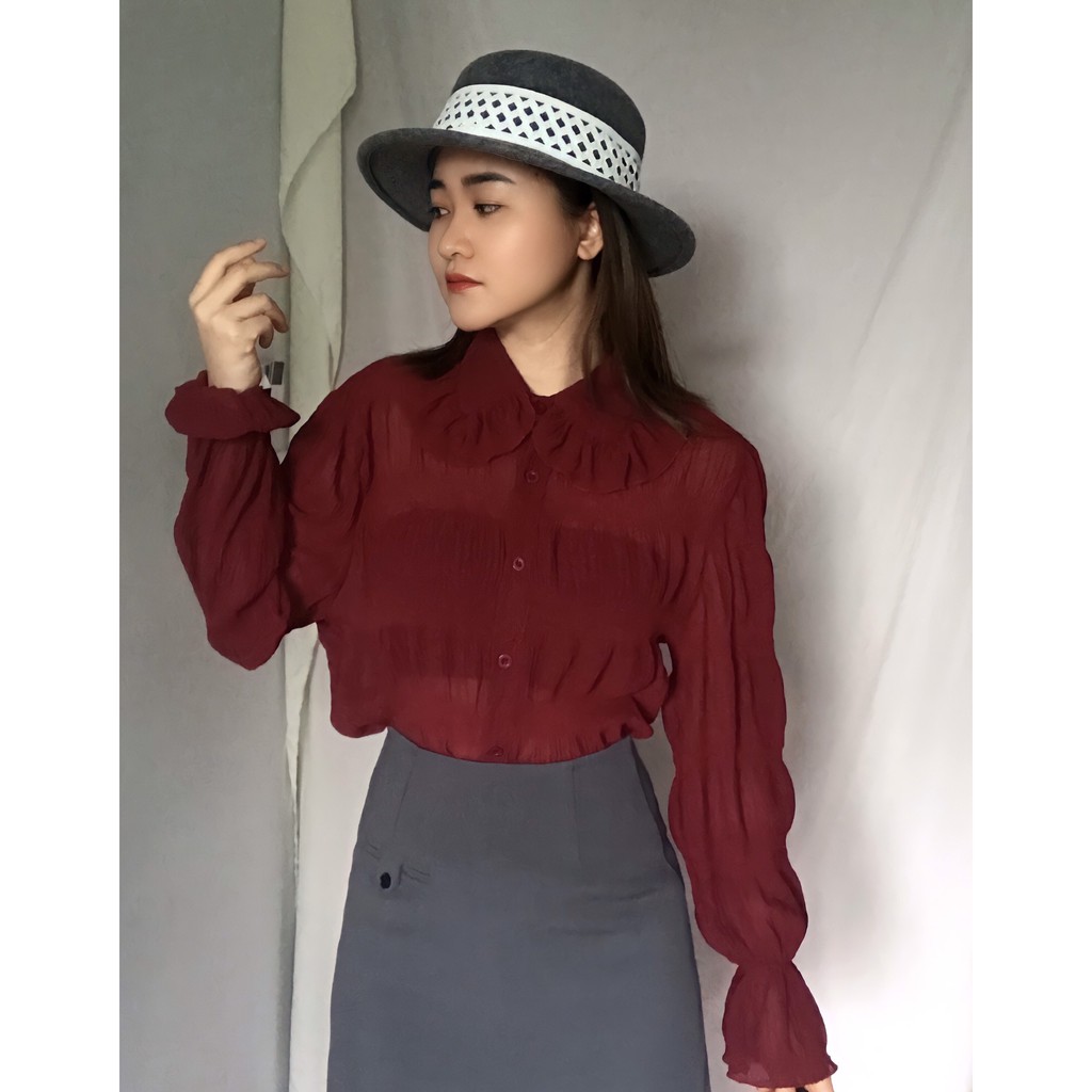 Áo sơ mi cổ bèo tiểu thư màu đỏ đô hàng thiết kế NHA SEN CLOTHING