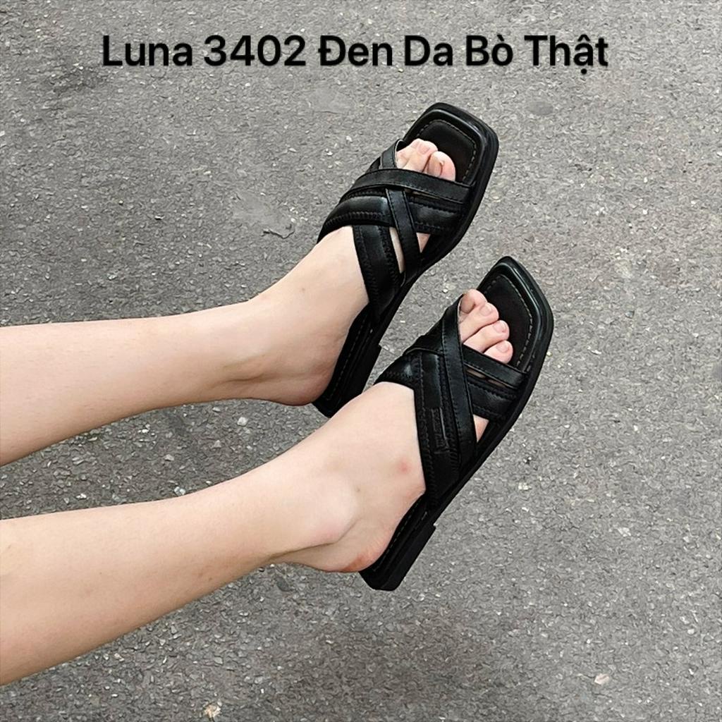 Dép quai chéo nữ đế bệt LUNASHOES 3402 da bò mềm mũi hở êm chân