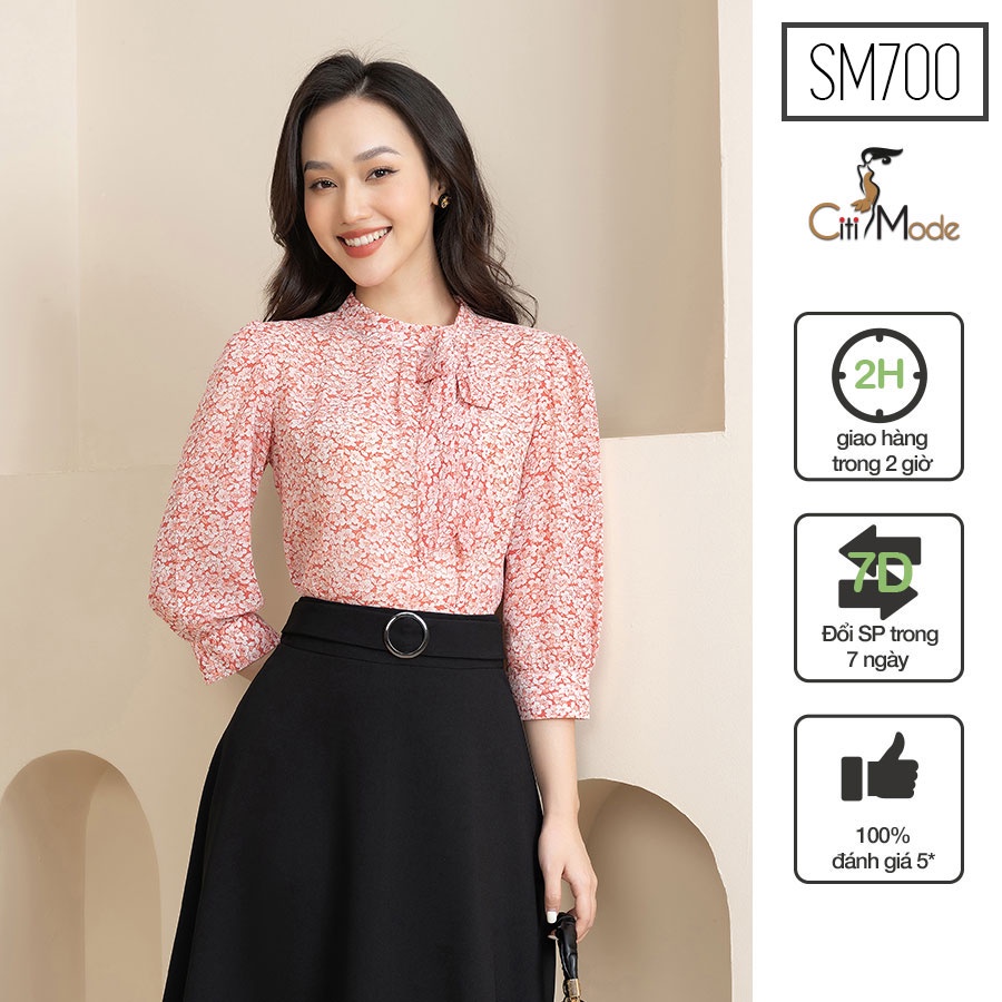 Áo sơ mi hoa nhí hồng đào tay lỡ cổ nơ SM700