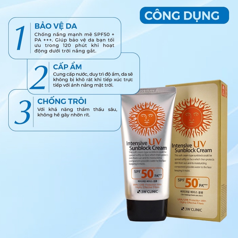 Kem Chống Nắng 3w Clinic Intensive Uv Sunblock Cream Hàn Quốc Spf 50 Pa+++ 70ml