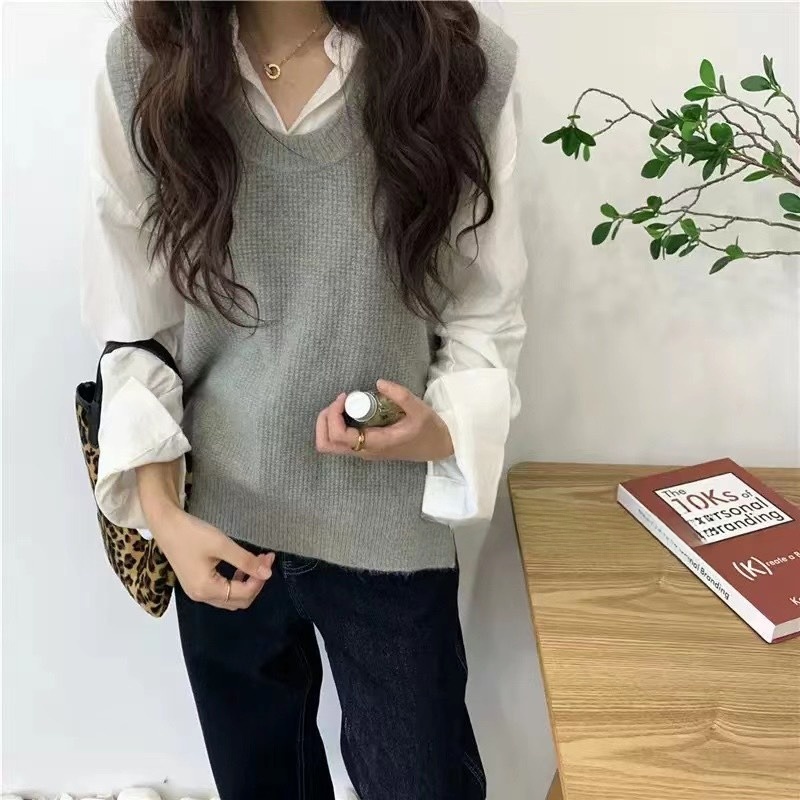 Áo gile nữ chất len cổ tròn xẻ vạt nhiều màu hàng Quảng Châu, áo gile len màu trơn basic Vintage Phong Cách Hàn Quốc