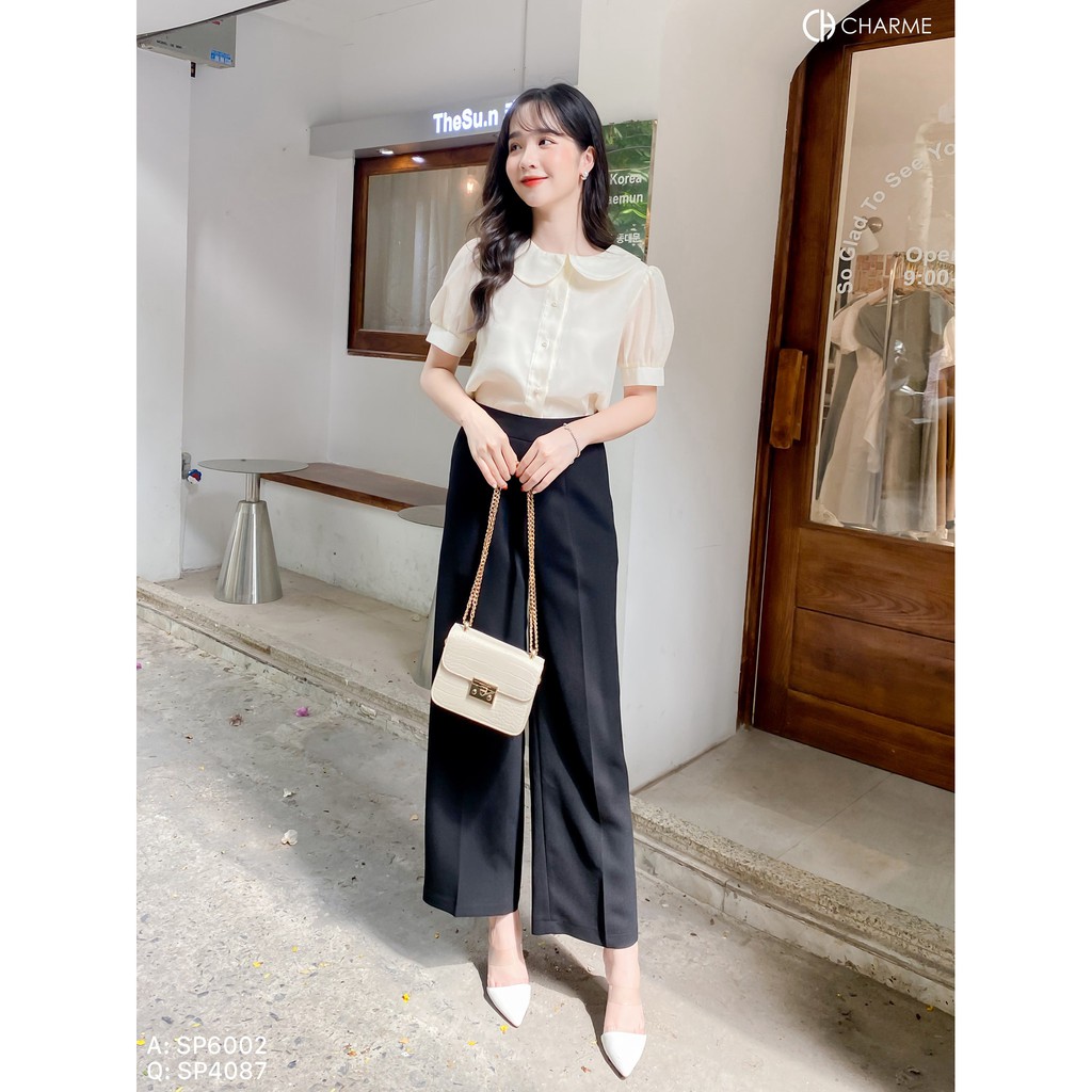 Quần công sở Charme quần suông ống rộng - đen túi chéo 4087