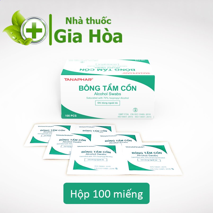 Bông tẩm cồn TANAPHAR (Alcohol Swabs) dùng vệ sinh, lấy máu, lau bề mặt (Hộp 100 miếng)