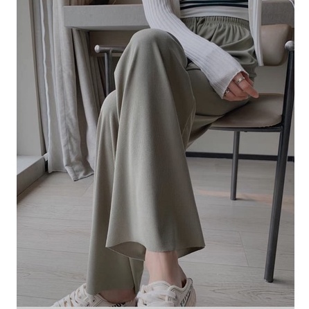 Quần ống suông nữ vải thun tăm dáng suông dài thể thao có dây rút cạp chun Quần ống rộng nữ cạp lưng cao