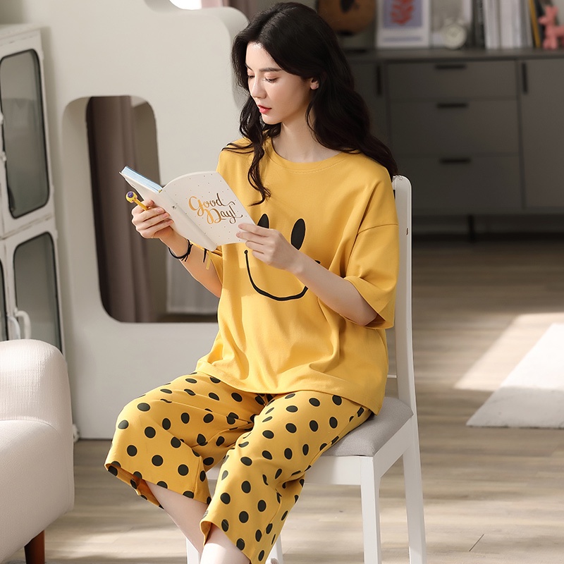 Bộ Đồ Ngủ Vải Cotton Tay Ngắn Dáng Rộng Thoải Mái Cho Nữ