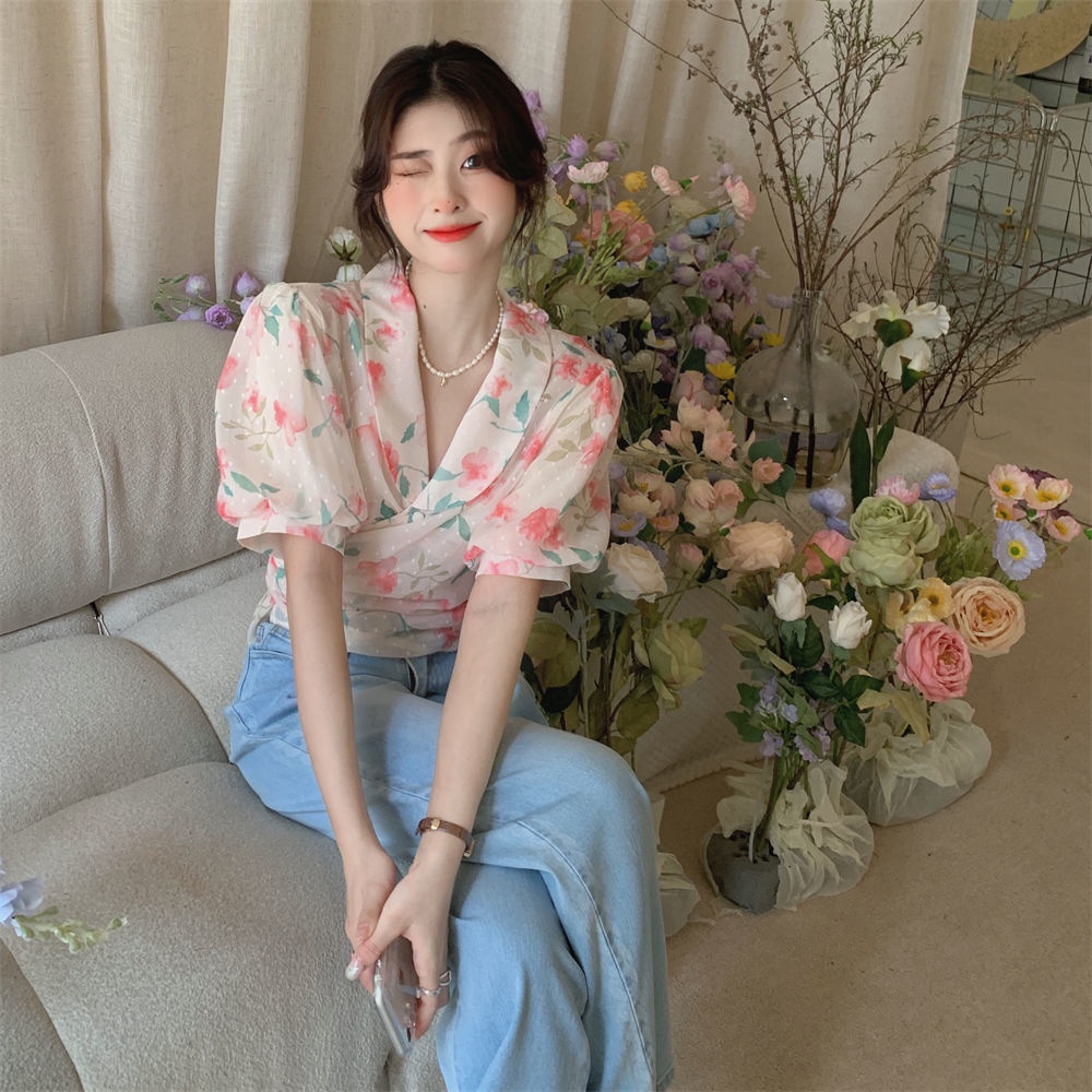 Áo Hoa Tay Ngắn Thắt Nút Chéo Phong Cách Hàn Quốc Trẻ Trung