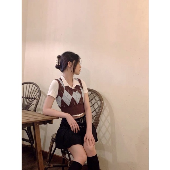 Áo vest gile len dệt kim croptop hình thoi idol Rosé Hồng/Đen/Nâu | BigBuy360 - bigbuy360.vn