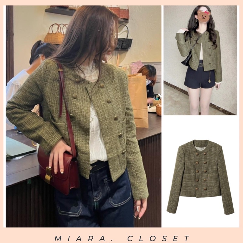 Áo Dạ Tweed xanh rêu cúc đồng ,áo 2lớp dầy dặn form đứng siêu sang
