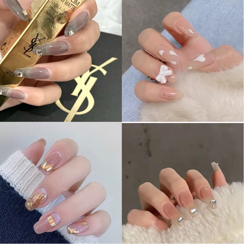 Set 24 móng tay giả khuôn dài tông nude, màu trong đính đá charm AM