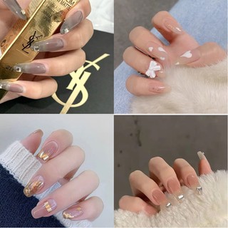 Set 24 móng tay giả khuôn dài tông nude, màu trong đính đá charm AM