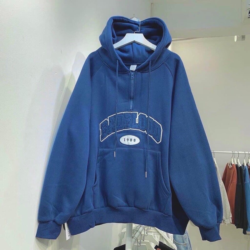 Áo khoác chui đầu hoodie phối dây kéo thêu chữ unisex ulzzang nam nữ