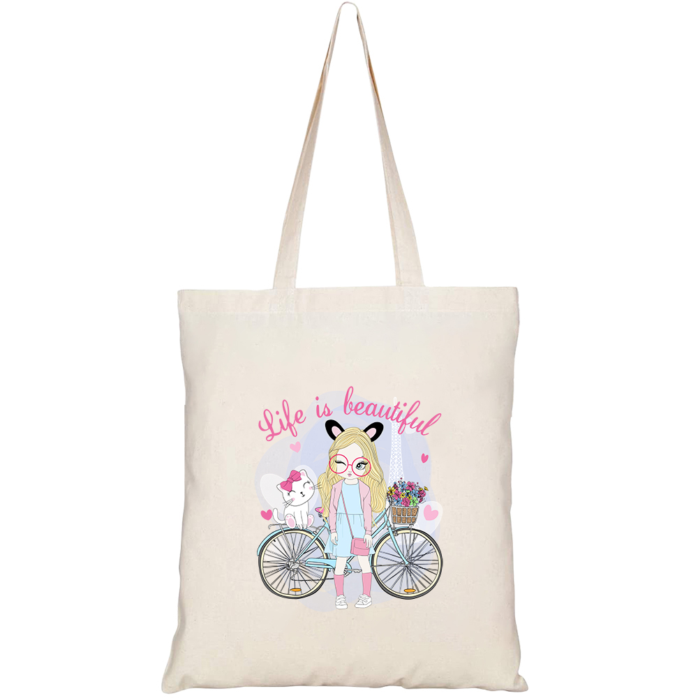 Túi vải tote canvas HTFashion in hình cute girl with cat HT105