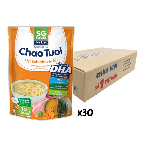 Thùng 30 Gói Cháo Tươi Baby Sài Gòn Food Thịt Thăn Bằm Bí Đỏ 240g