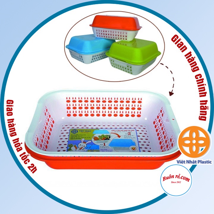 Rổ nhựa chữ nhật 2 lớp (3266) Việt Nhật đựng rau củ quả, Rổ úp cốc chén –Buôn rẻ 01392
