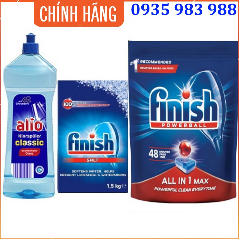 combo viên rửa bát finish 48 viên + muối rửa bát finish 1.5kg + Nước làm bóng alio 1 lít dùng cho máy rửa bát