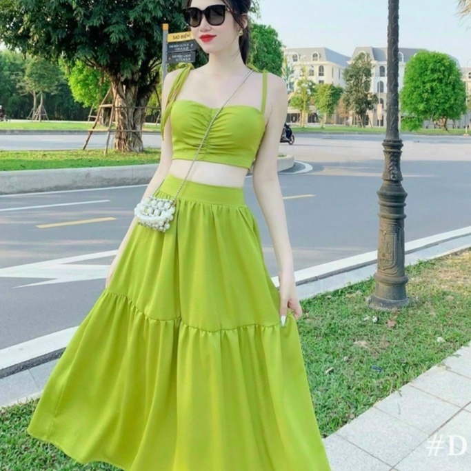 Set áo hai dây croptop kèm chân váy dáng xòe đi chơi đi biển cho nữ