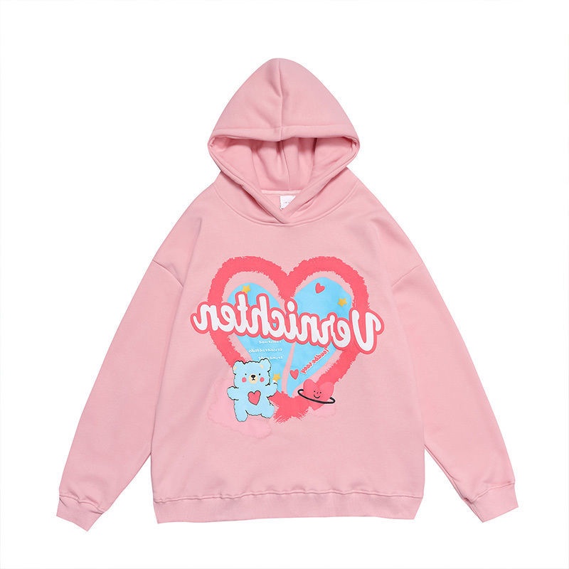 Áo Hoodie Dáng Rộng In Họa Tiết Gấu Và Trái Tim Phong Cách Harajuku Thu Đông Hàng Mới Dành Cho Nữ Sinh