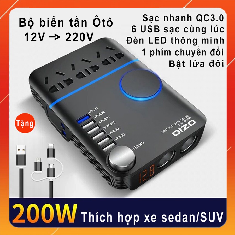 Bộ sạc ô tô biến tần thông minh chuyển đổi 12V sang 220V gắn cổng bật lửa cho xe 200W, 6 cổng USB và 1 sạc nhanh QC3.0