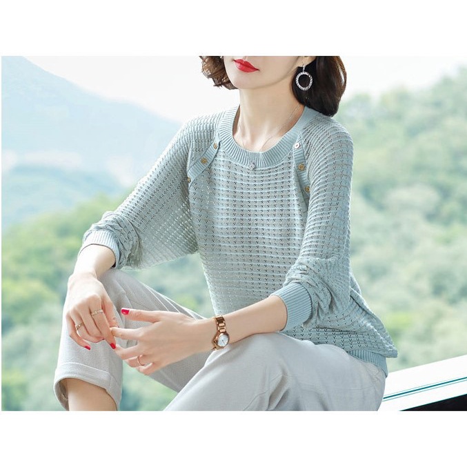 Áo len nữ, áo len nữ lưới cổ tròn nhiều màu AL39