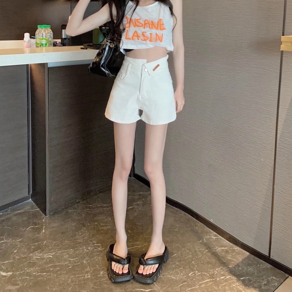 Quần Short Denim Lưng Cao Thời Trang Retro Hàn Quốc Cho Nữ