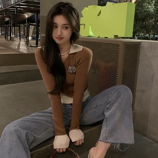 Áo croptop ZHELIHANGFEI vải len tay dài cổ polo phong cách trẻ trung cá tính dễ phối đồ