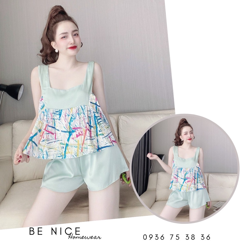 Set đùi dây bản to cổ vuông phối màu dễ thương cho nàng nhà Be Nice Homewear
