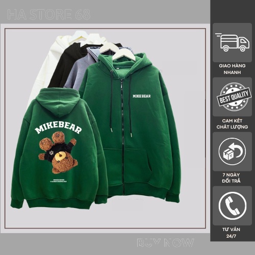 Áo Hoodie MIKEBEAR Khóa Zip, Áo Khoác MIKEBEAR MIKENCO Chất Nỉ Bông Dày Dặn Mũ Cứng Ha 68