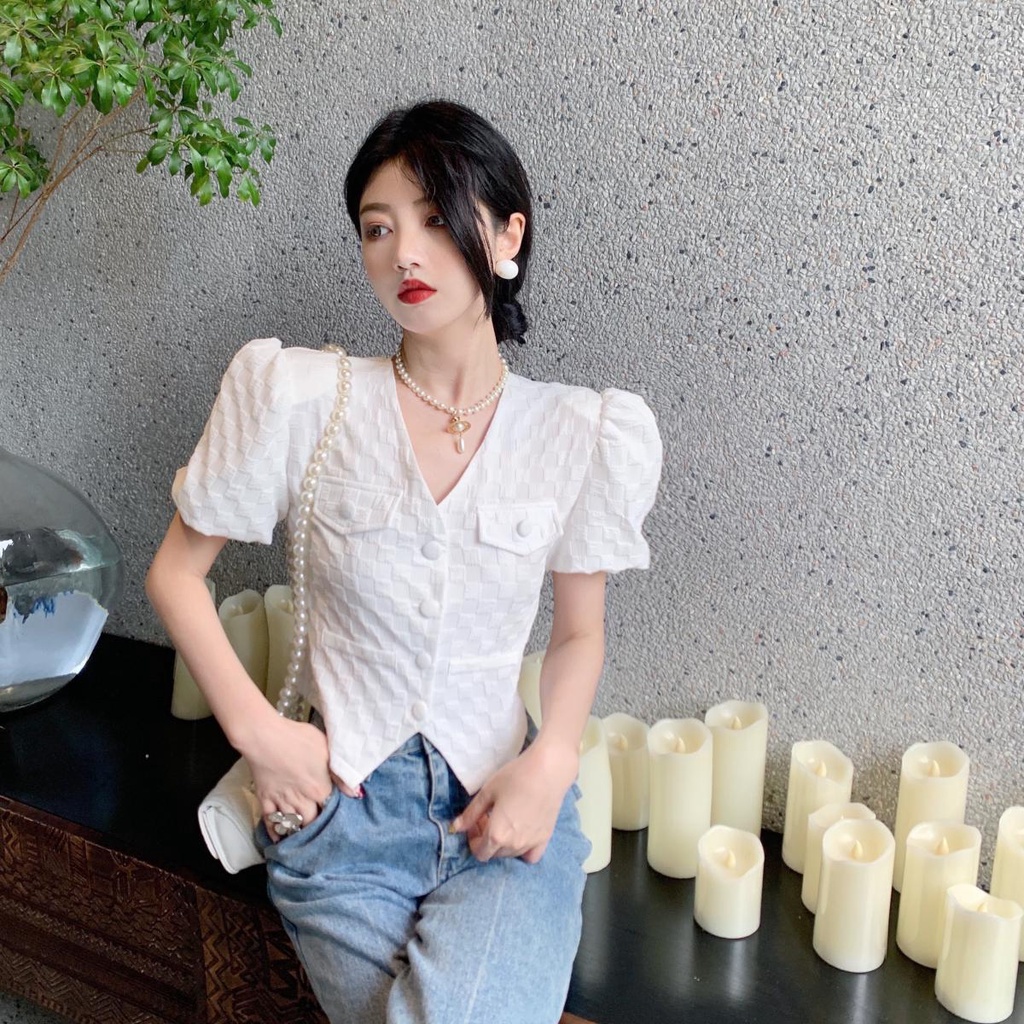 Áo Sơ Mi Tay Ngắn Cổ Chữ V Thời Trang Mùa Hè Phong Cách Pháp Hàng Mới Cho Nữ
