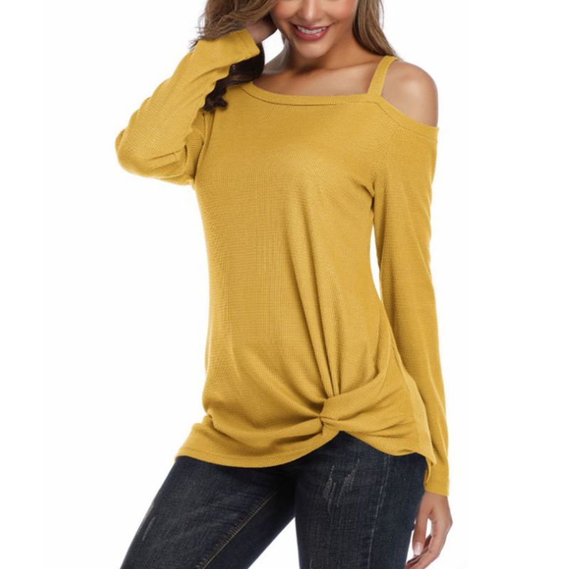 Xixi Áo Thun Tay Dài Dáng Rộng Hở Vai Màu Trơn Thắt Nút Phía Trước Size S-2Xl Cho Nữ
