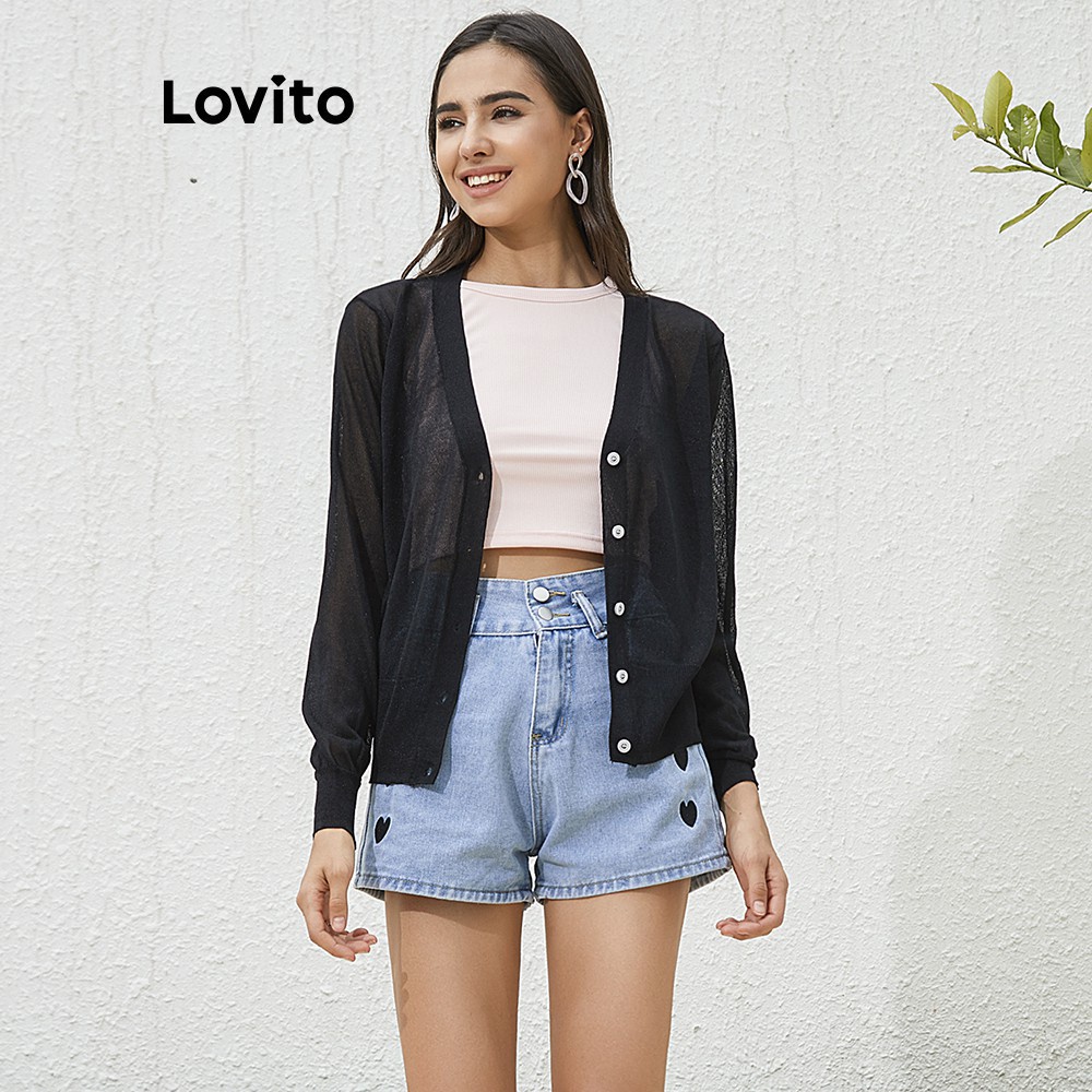 Áo sweatshirt Lovito cổ chữ V vải lụa băng màu trơn L02090 (Black/White)