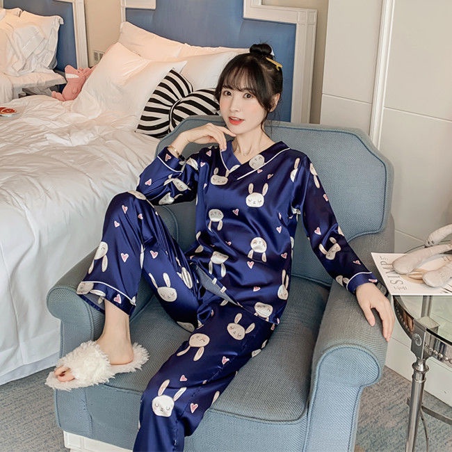 Bộ đồ ngủ tay dài chất lụa mỏng phong cách Hàn Quốc thời trang quyến rũ dành cho nữ