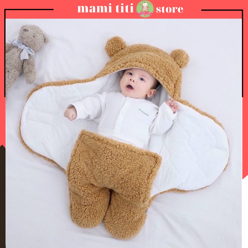 Túi ủ lông cừu cho bé sơ sinh hình gấu 3 lớp , ủ kén lông cừu cho bé siêu dày mềm mại 3 lớp