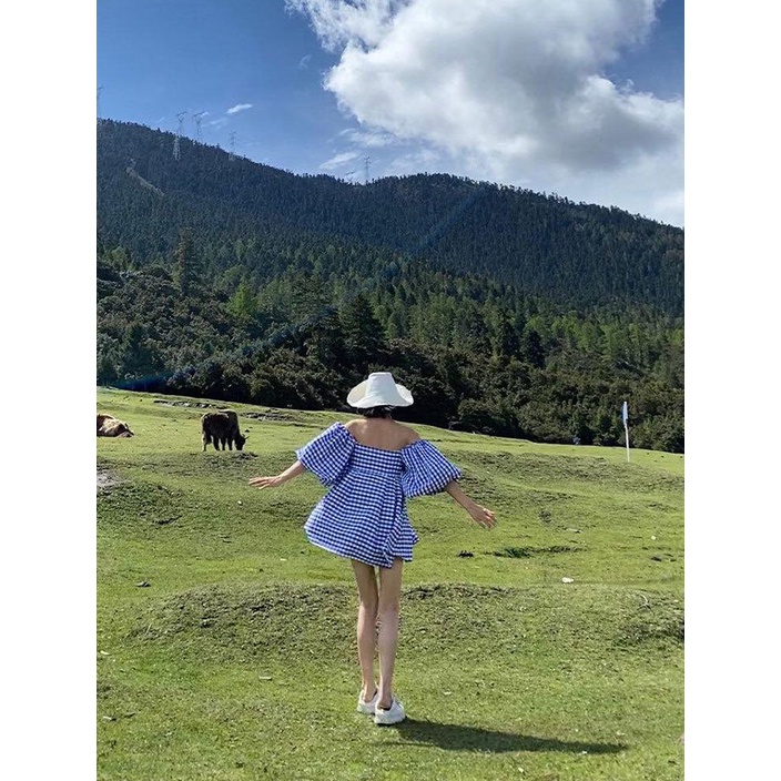 Đầm kẻ caro tay bồng dáng babydoll ulzzang