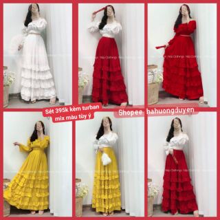 Sét áo váy boho đỏ/ sét áo maxi trễ vai chân váy xòe boho đi biển