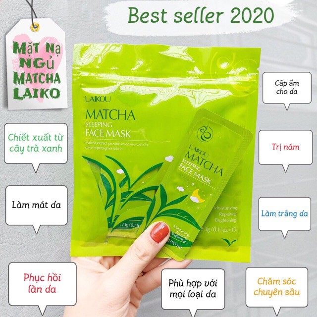 Bộ 15 gói Mặt nạ ngủ trà xanh Laikou Matcha Mud Mask giúp dưỡng ẩm và làm trắng da