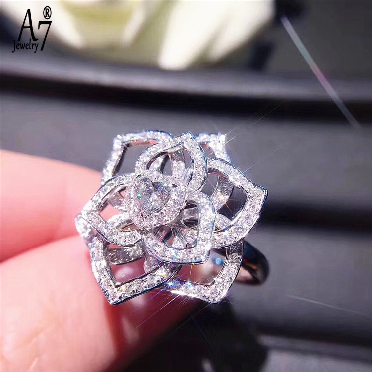 Nhẫn mạ bạch kim 18K đính đá kim cương toàn diện hình trái tim