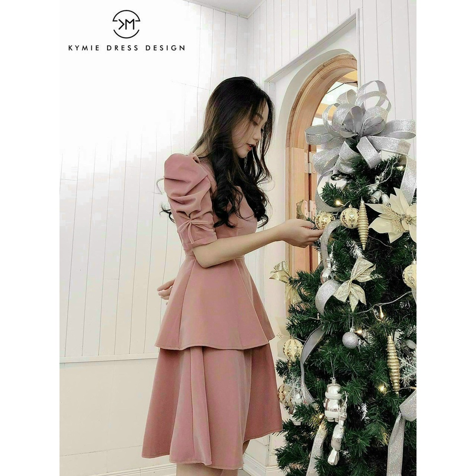 Đầm nữ thời trang mặc đi chơi chất for cổ vuông tay ngắn phối nơ váy xếp ly phối tầng xinh xắn