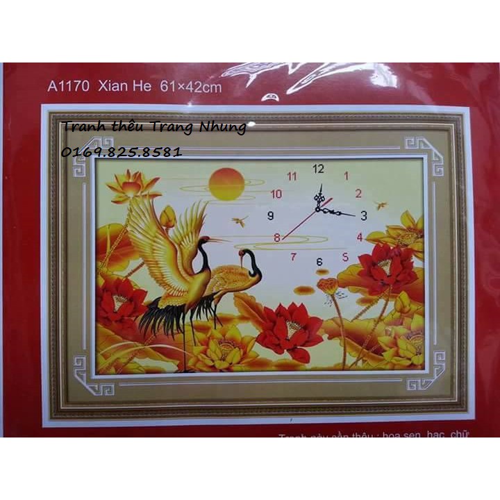 Tranh thêu chữ thập đồng hồ hạc hoa sen vàng a1170 61x42cm