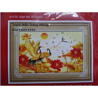 Tranh thêu chữ thập đồng hồ hạc hoa sen vàng a1170 61x42cm