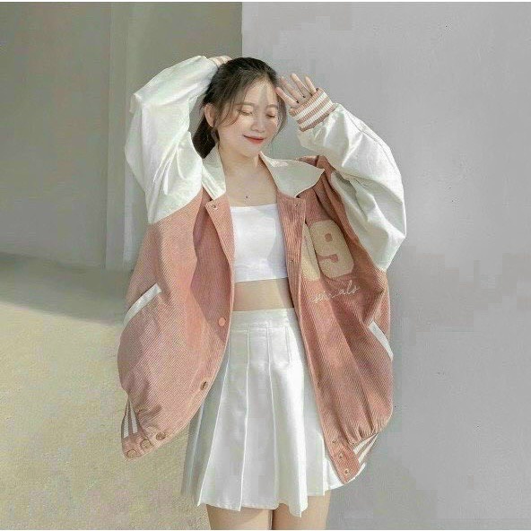 Áo bomber dài tay nhung tăm khuy bấm logo 09 - Áo khoác mùa đông dáng rộng form unisex phong cách hàn quốc, trẻ trung