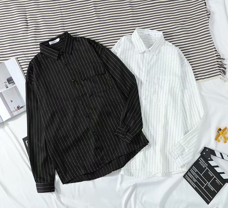 Áo Sơ Mi Tay Dài Họa Tiết Kẻ Sọc Dáng Rộng Phong Cách Hàn Quốc Cho Nam