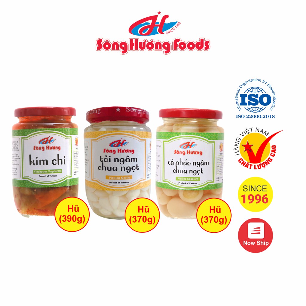 Combo 1 Hũ Cà Pháo Ngâm Chua Ngọt 370g + 1 Hũ Tỏi Ngâm 370g + 1 Hũ Kim Chi 390g Sông Hương Foods