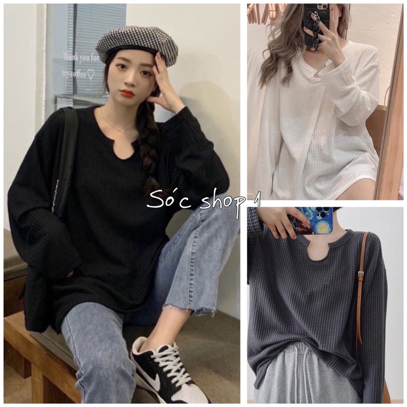 Áo Sweater Xẻ Cổ Dài Tay Chất Len Tổ Ong , Áo Nỉ Cổ Tròn Nữ