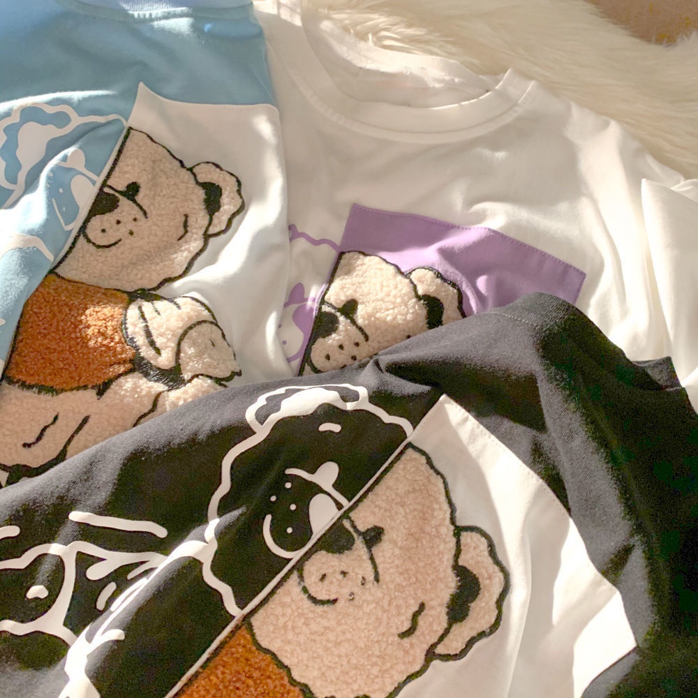 Áo Thun Cotton Dáng Rộng Tay Ngắn In Hình Gấu Dễ Thương Thời Trang Mùa Hè Cho Nữ 2022