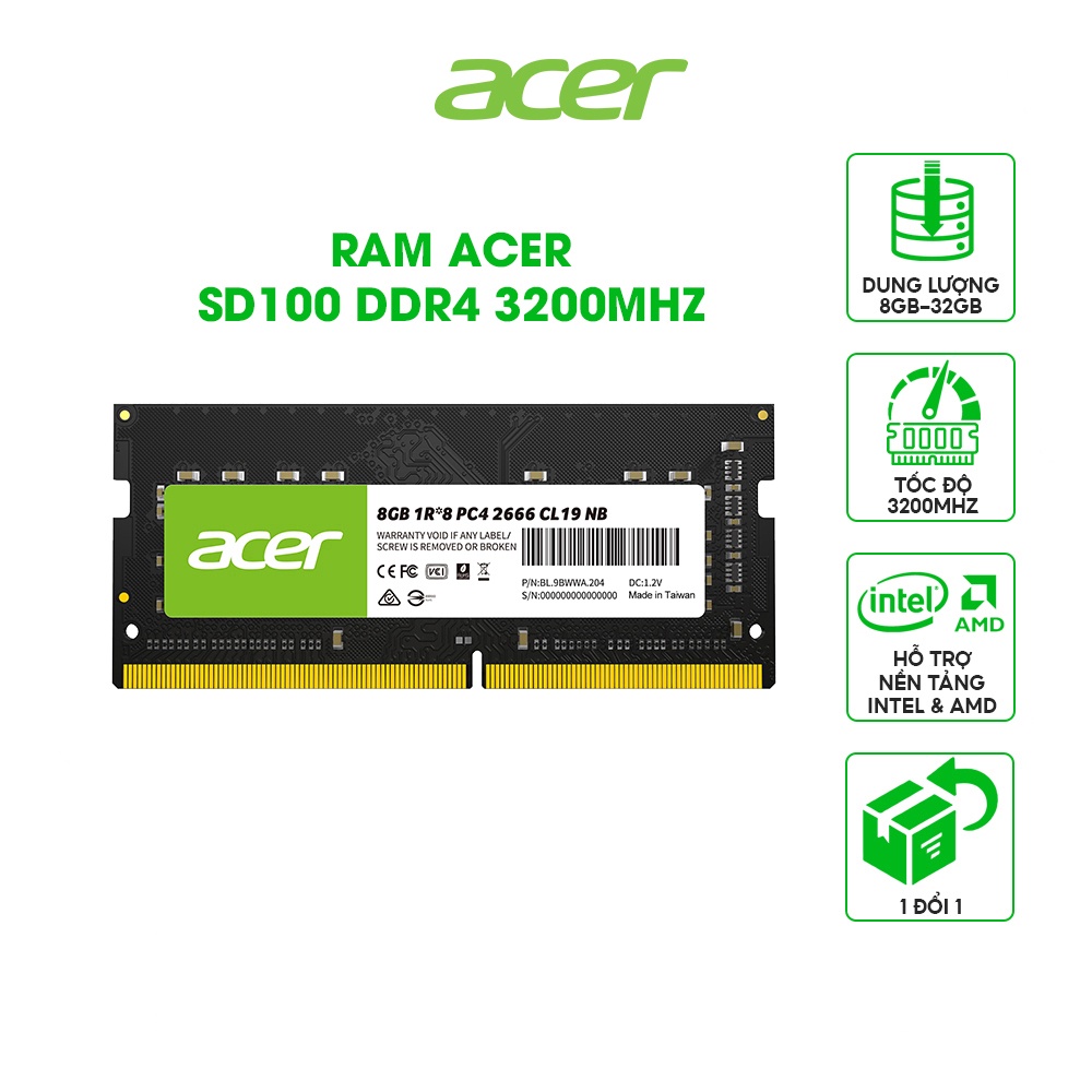Bộ nhớ RAM Latop Acer SD100 DRAM PC4 DDR4 3200Mhz SO-DIMM | Dung lượng RAM 8GB/16GB/32GB