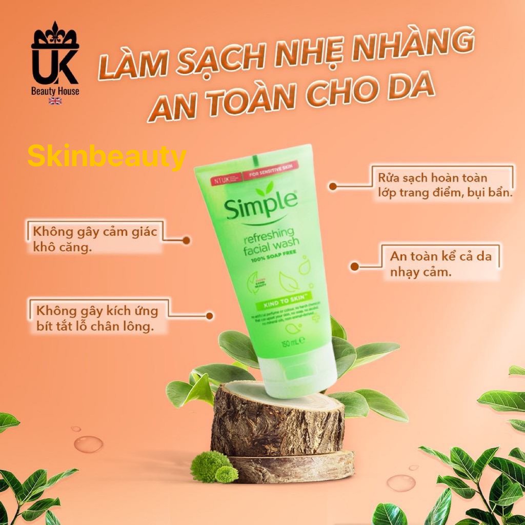 Sữa Rửa Mặt Simple Gel Kind To Skin Refreshing Facial Wash Gel 150ml -HÀNG CHÍNH HÃNG | BigBuy360 - bigbuy360.vn