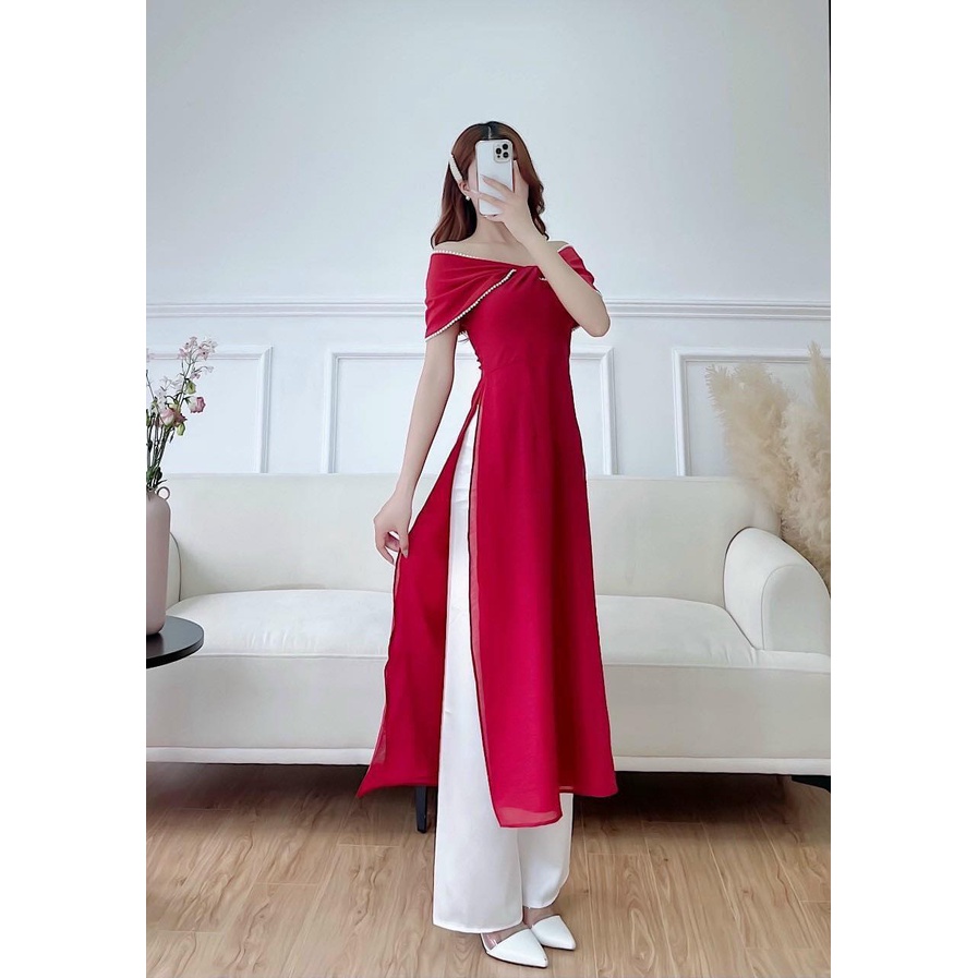 Áo Dài Đỏ Trể Vai Áo Dài Chuẩn Phom Cam kết Chất Lượng