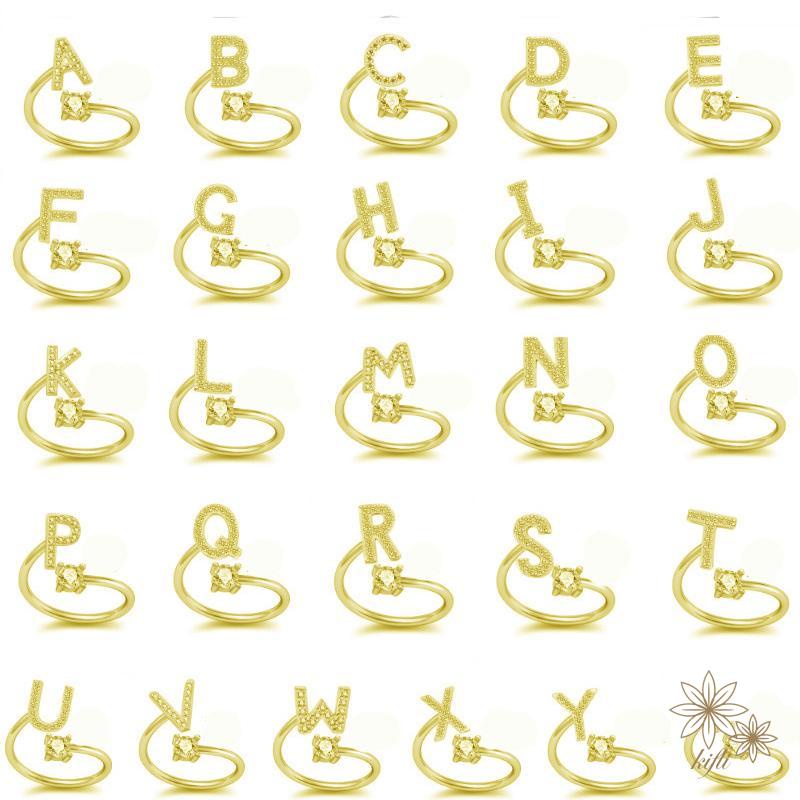 【kifli】Nhẫn Hở Khắc 26 Chữ Cái Tiếng Anh Đính Đá Có Thể Điều Chỉnh Thời Trang Cho Nữ