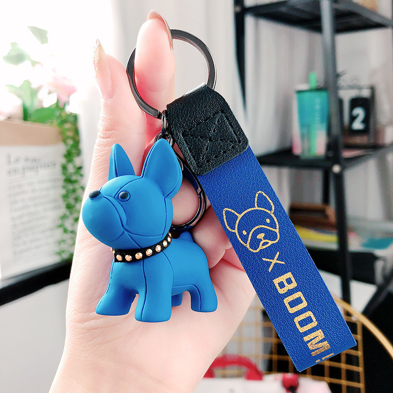 Cute Cartoon Puppy Keychains/ PU Leather Wristband Key Chain Bag Pendant/ Bulldog Soft Rubber Keyrings/ Bag Pendant Charm New Year Xmas Gifts