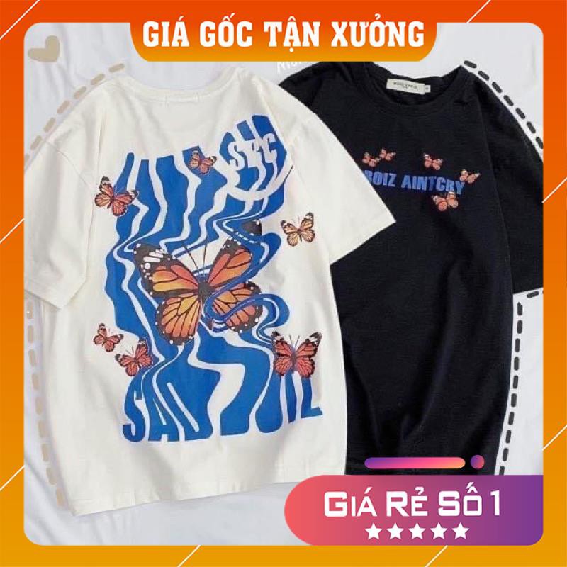 Áo Thun Form Rộng Unisex Nam Nữ Hình Bướm Trắng - Đen